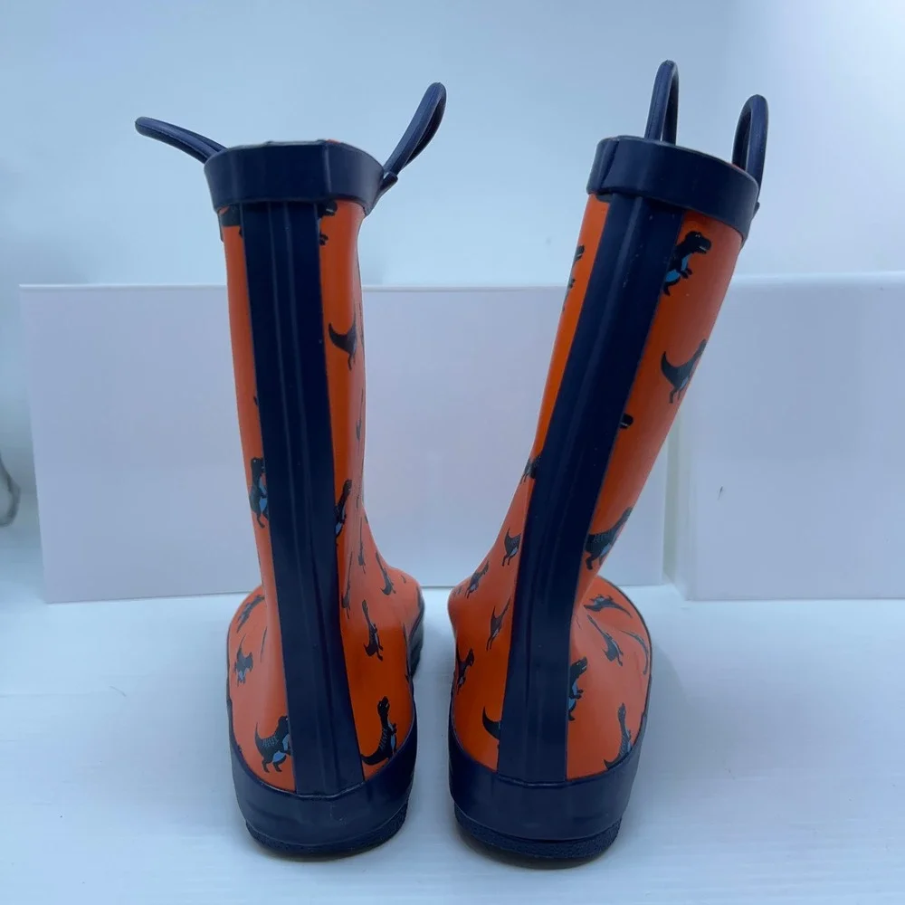 Lone Cone Kids Size 3 Orange Dinosaur Pattern Rubber Rain Boots New